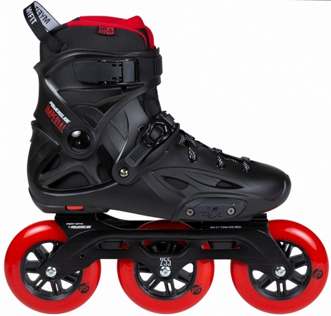 Powerslide Imperial Black Red 110 inline skate with black boot and three red 110 mm wheels